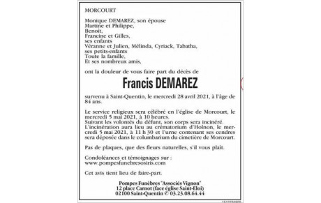 Décès de Francis DEMAREZ